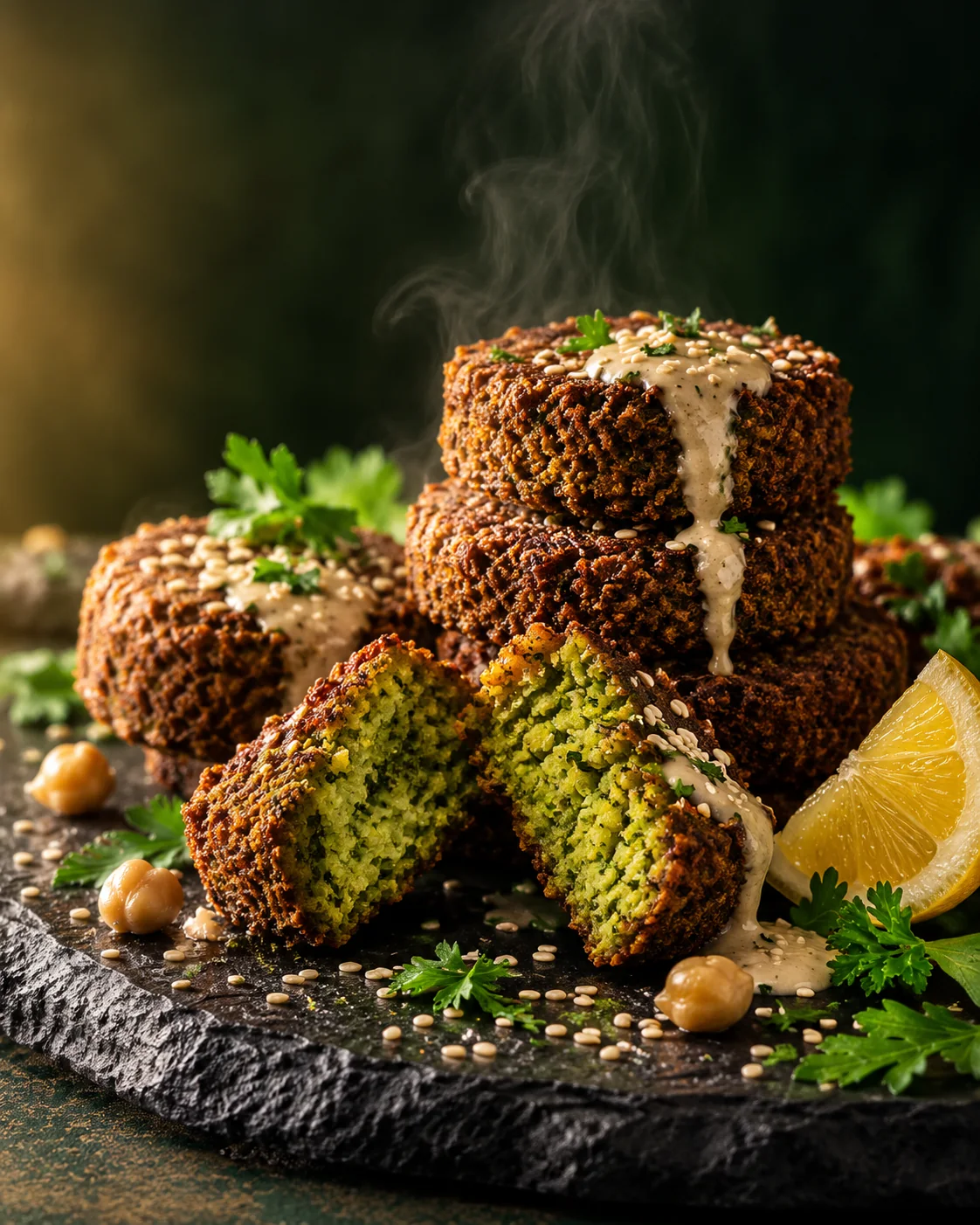 Gestapelte Falafel-Taler mit knuspriger Kruste, einer aufgeschnitten mit grünem Kräuterinneren, mit Tahini, Petersilie und Zitrone
